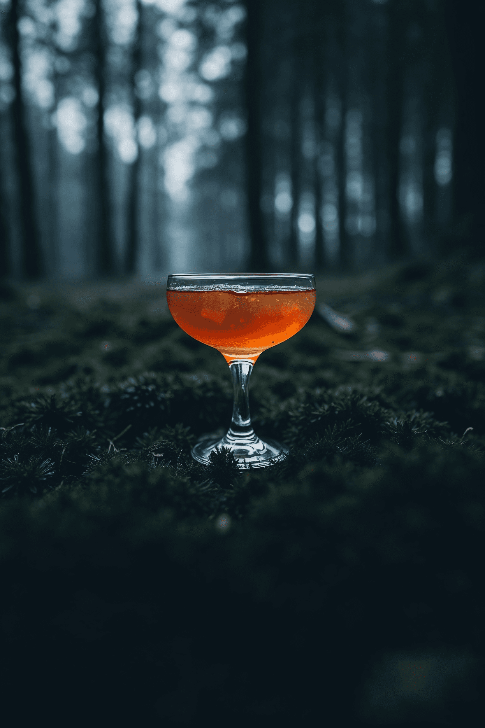 An amber cocktail in a glass sitting on some moss in a dark forest.