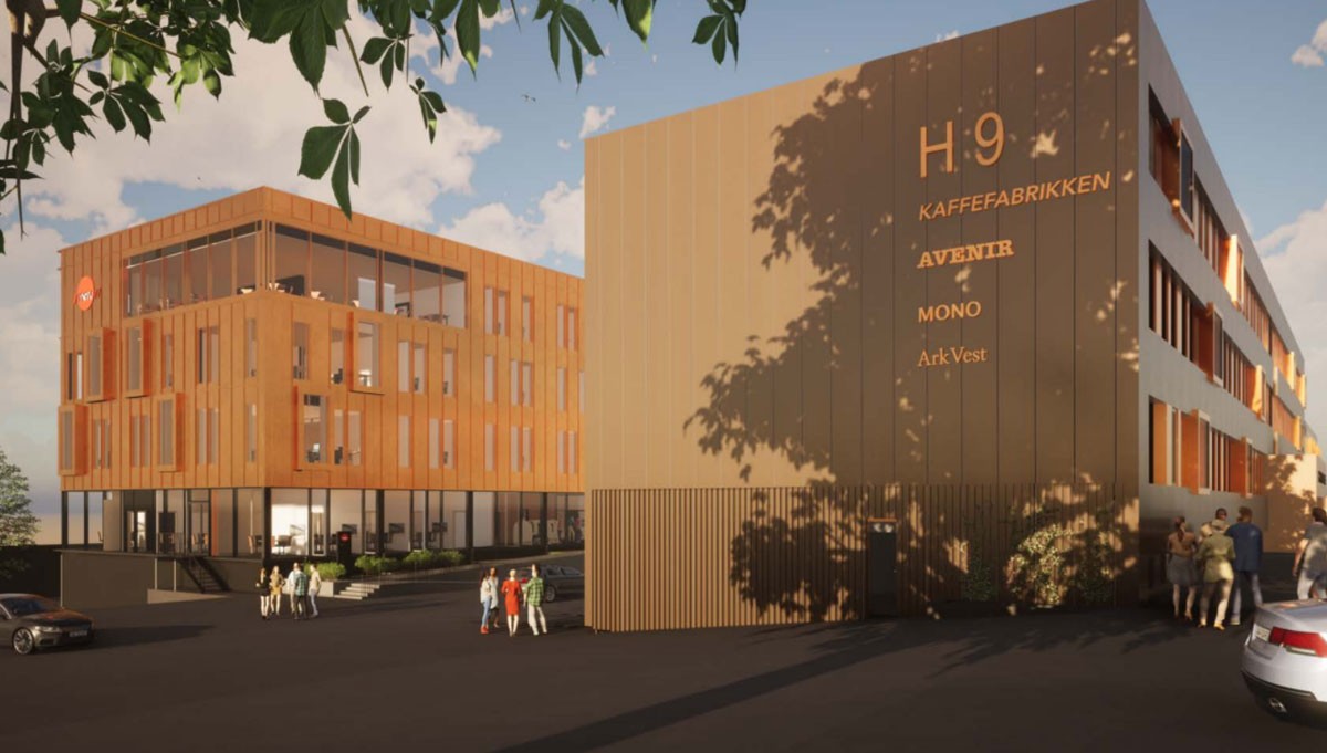 Moderne næringseiendom med store glassflater og kontorlokaler til leie i Sandnes.