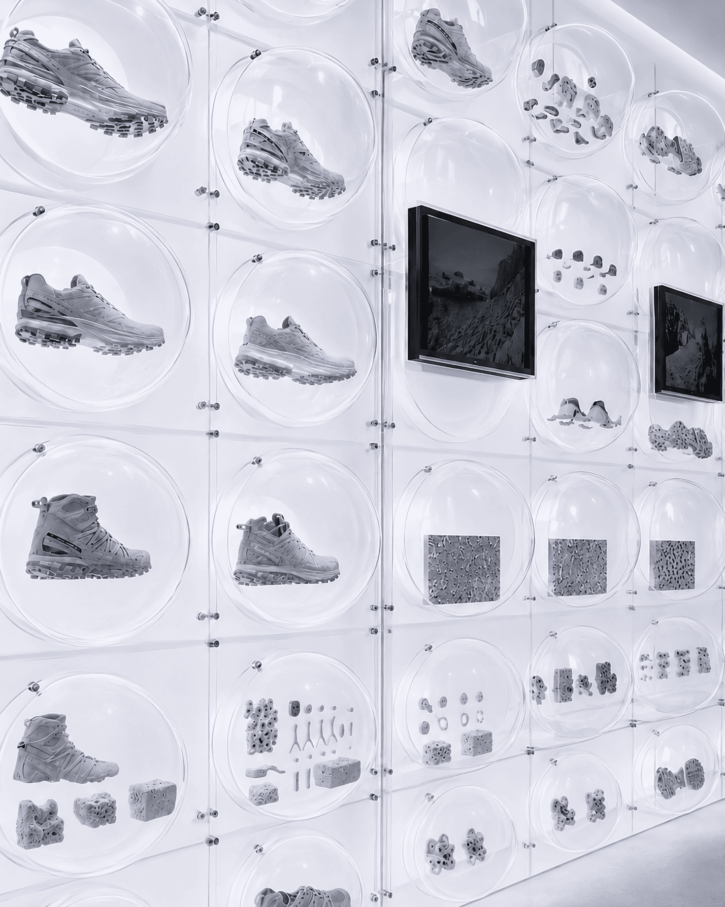 Archive wall of glass domes holding Salomon shoes and components beside terrain footage screens