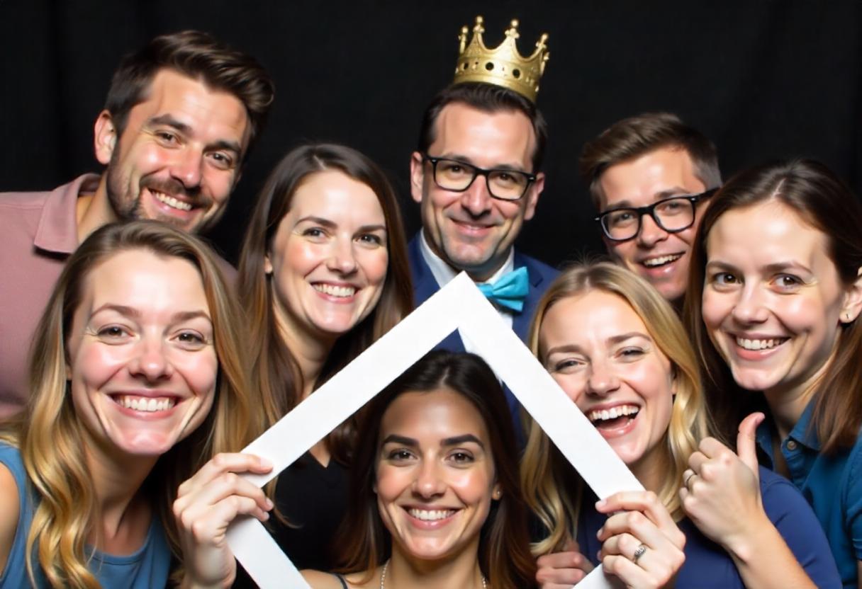 Group of sevent people in a photo booth wearing funny hats.