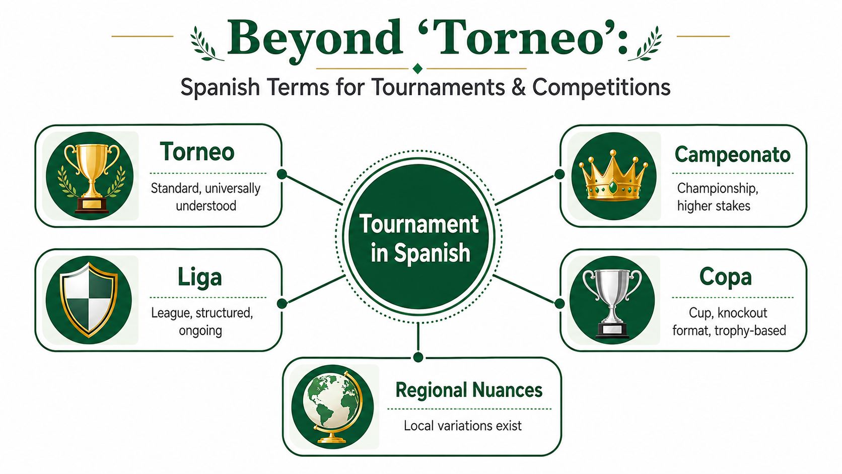 A visual guide explaining different Spanish terms for tournaments and competitions, including Torneo, Campeonato, Liga, and Copa.