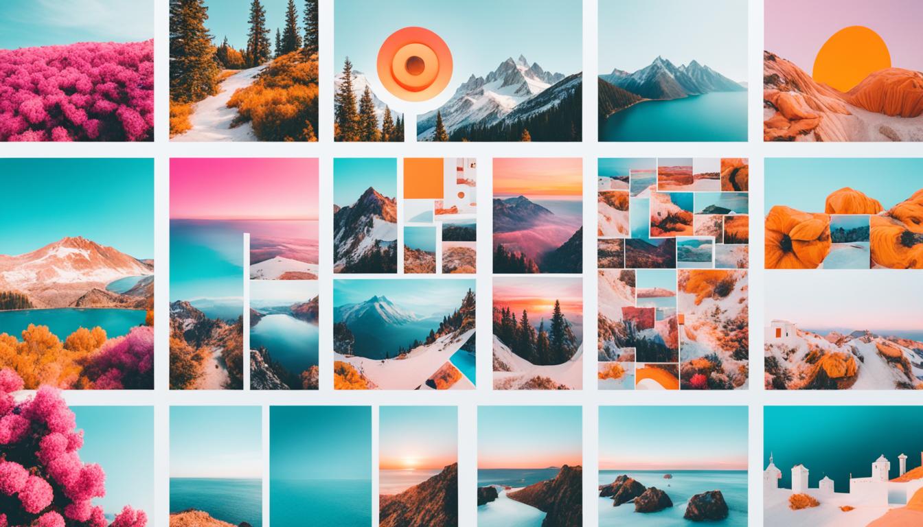 Create an image that showcases different types of Instagram content, such as photos, videos, stories, reels, and IGTV. Use vibrant colors and distinct shapes to represent each type of content. Make sure each element is easily recognizable and stands out from the rest.