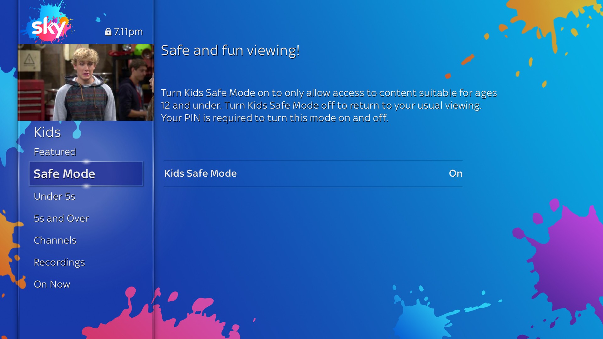Kids safety features screen on Sky Q