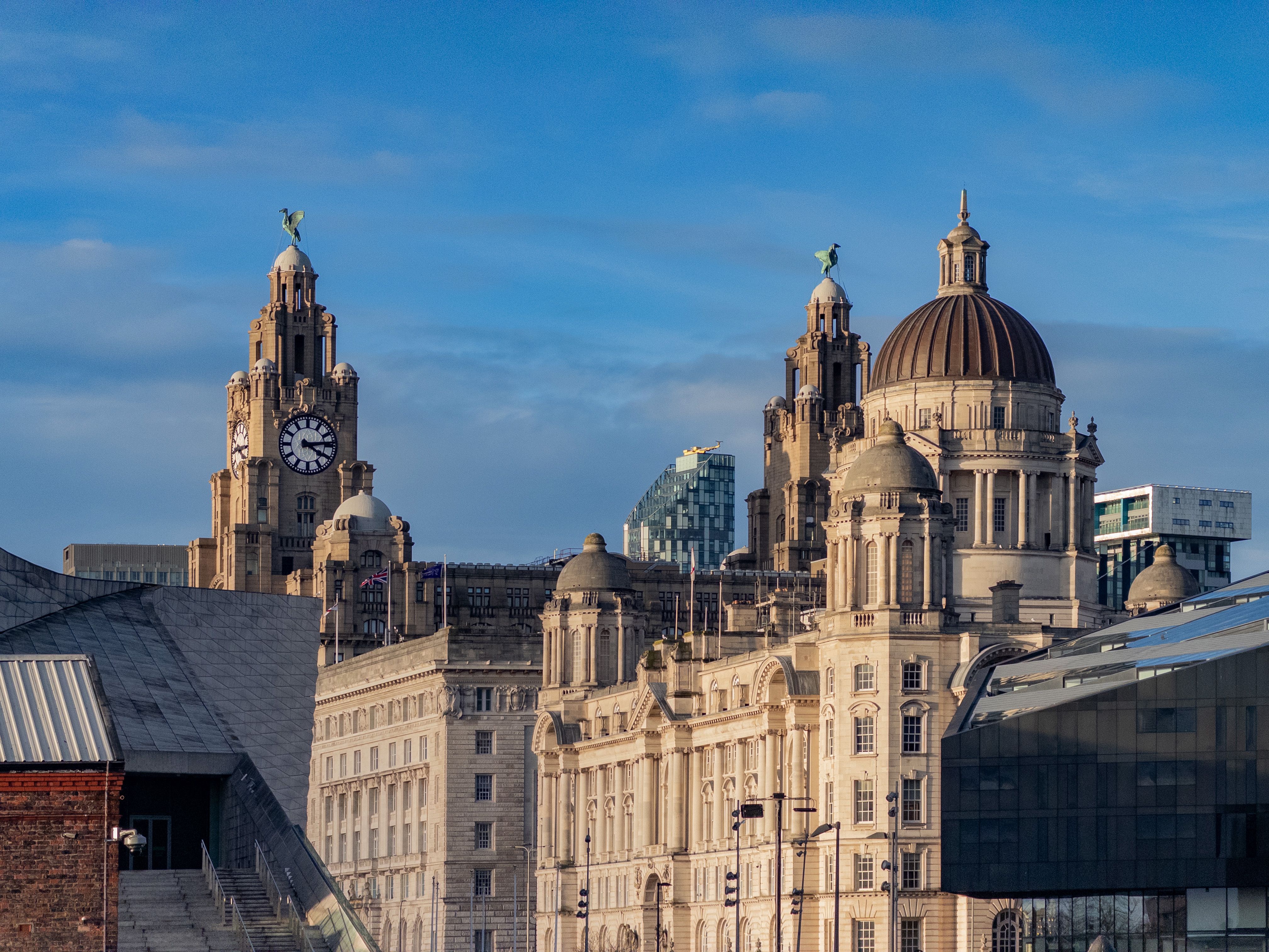 Liverpool waterfront skyline with the Royal Liver Building and the Three Graces