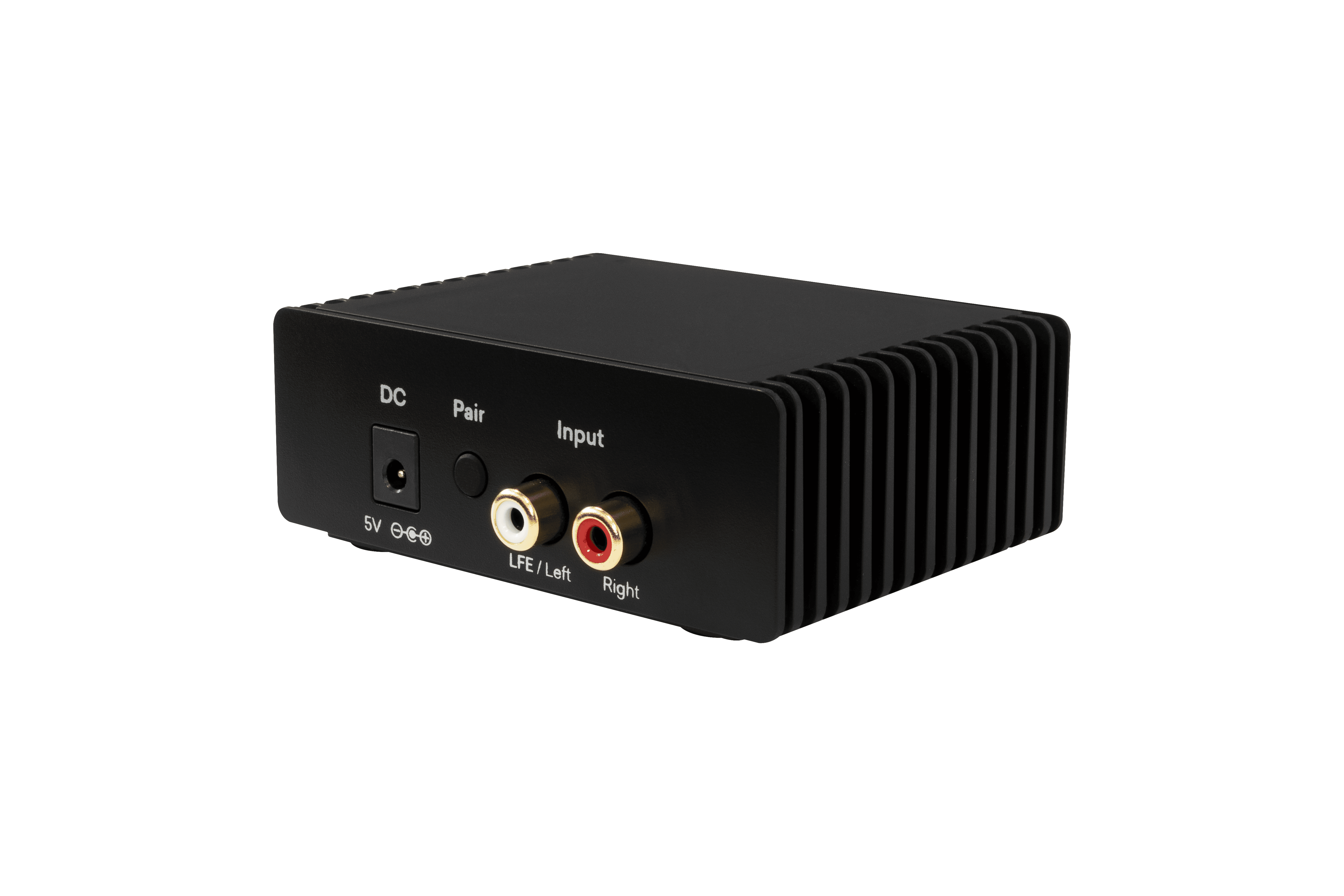 Black audio receiver with DC and RCA inputs