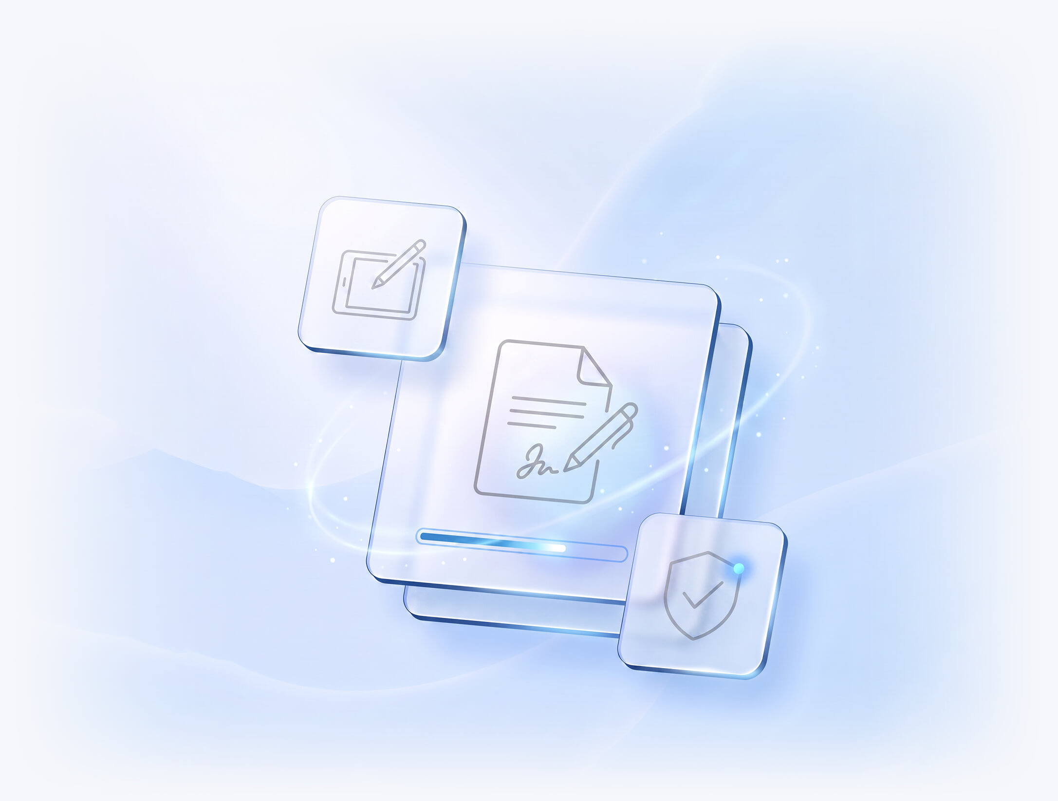 Ilustrație digitală a modulului de semnătură digitală Evolvo: document medical semnat electronic, tabletă de semnătură și scut de securitate, pe fundal albastru deschis.