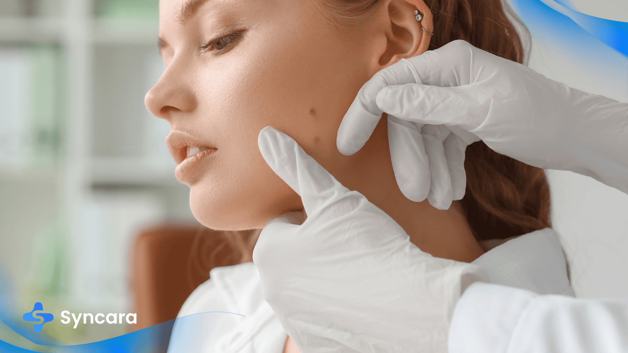 Young woman with acne getting examined by a dermatologist.