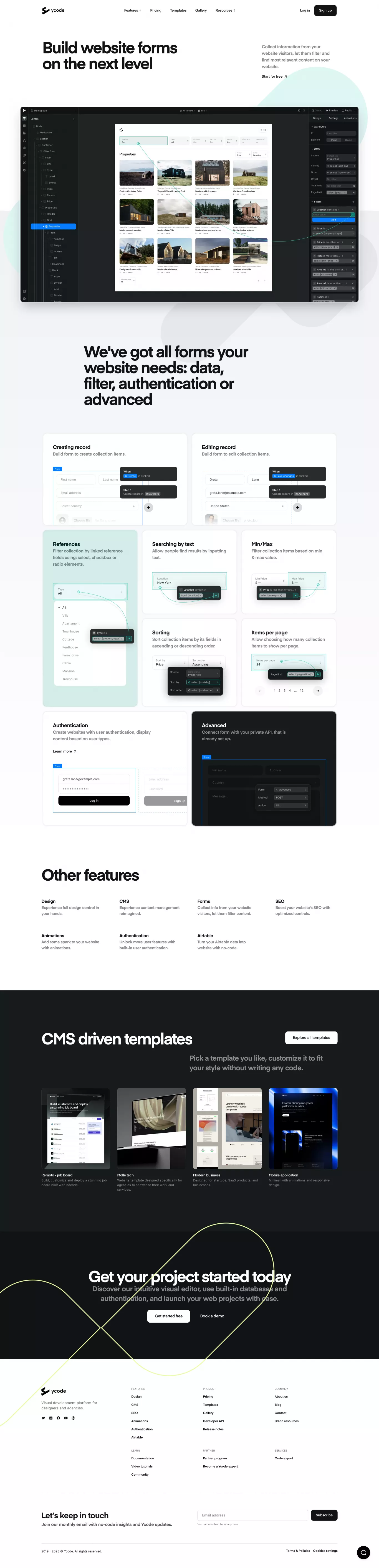 Ycode landing page screenshot showcasing Design and Tech design