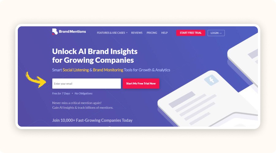BrandMentions homepage showing AI-powered brand monitoring and social listening tools.