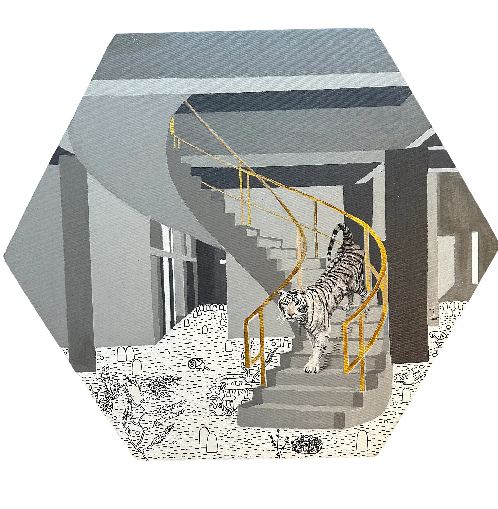 A white tiger descends a curved concrete staircase with bright yellow railings, set in a brutalist-style building. The ground is covered in delicate black-and-white fossil illustrations and organic forms.