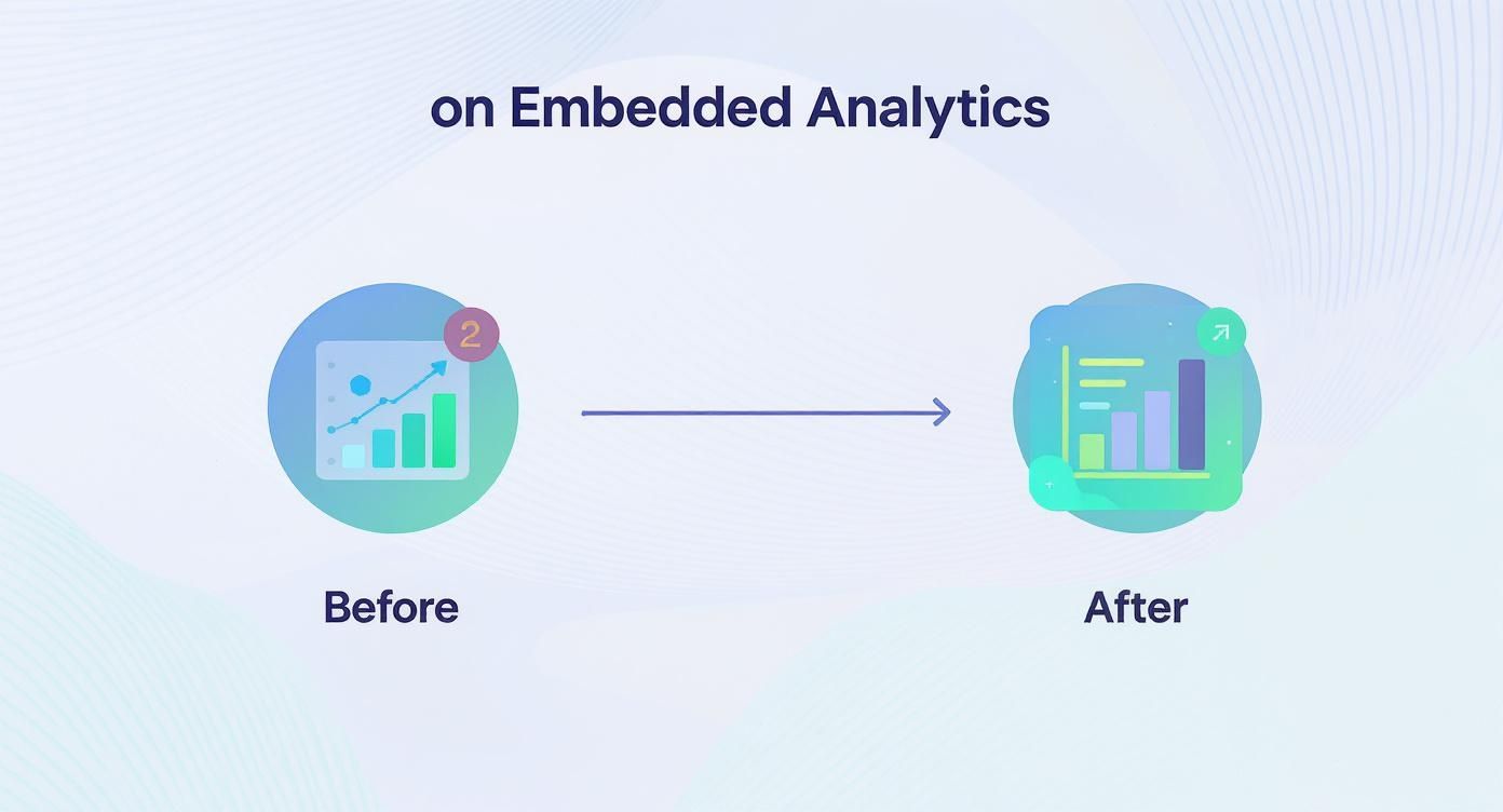 Infographic showing the evolution from separate business intelligence tools to integrated embedded analytics within an application.