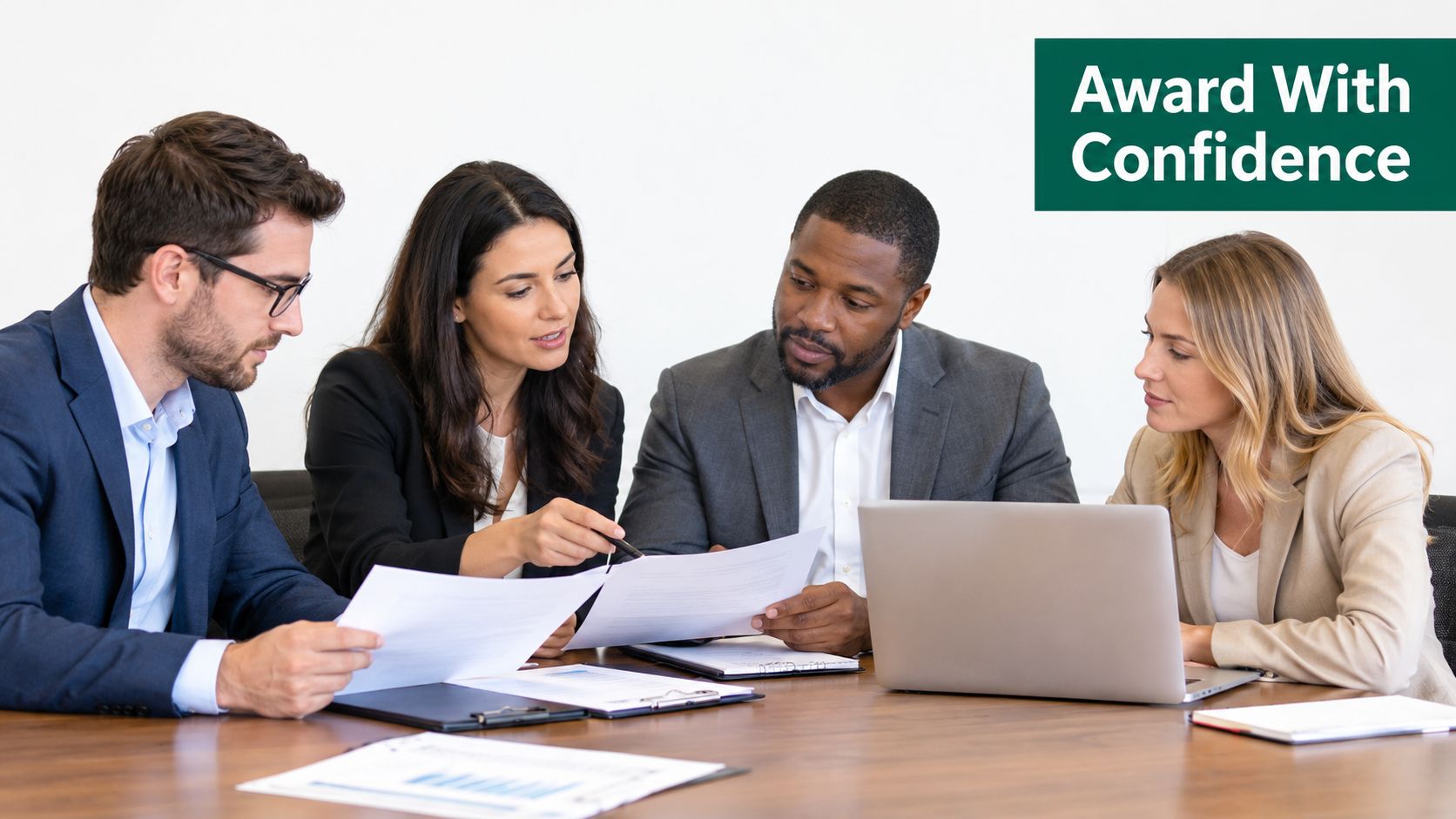 A professional team of business people sitting at a desk reviewing documents and working together.
