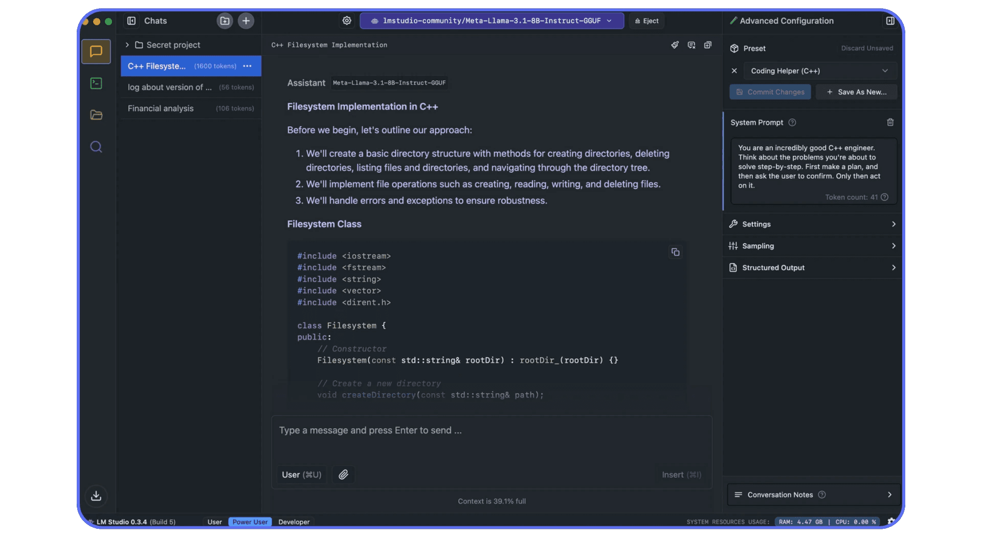 Screenshot of LM Studio interface showing a C++ project titled “Filesystem Implementation in C++” with code for a Filesystem class and assistant-generated steps for creating directories and handling file operations.