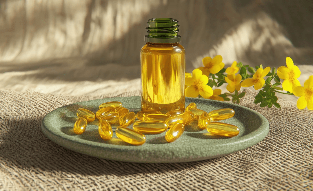 Golden oil capsules with amber bottle and yellow flowers