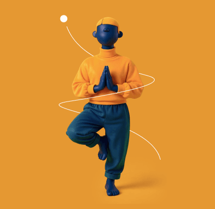 3D render of a blue figure in a yoga tree pose against a mustard yellow background. The figure has hands pressed together in prayer.