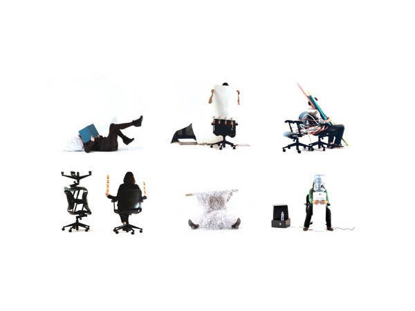 The image displays nine scenes arranged in a 3x3 grid on a white background. Each scene shows a person interacting with a chair in a creative way:
<p>1. A person lying face down on a chair, reading a book.</p>
<p>2. A person reclining on a chair with a white sheet draped over their head and torso.</p>
<p>3. A person sitting in a black office chair with arms raised.</p>
<p>4. A person sitting in a black office chair with arms raised and legs extended.</p>
<p>5. A person lying face down on a chair with arms raised.</p>
<p>6. A person sitting in a black office chair with arms raised and legs extended.</p>
<p>7. A person sitting in a black office chair with arms raised and legs extended.</p>
<p>8. A person lying face down on a chair with arms raised.</p>
<p>9. A person sitting in a black office chair with arms raised and legs extended.</p>
Each scene is unique, showcasing diverse poses and activities involving chairs.