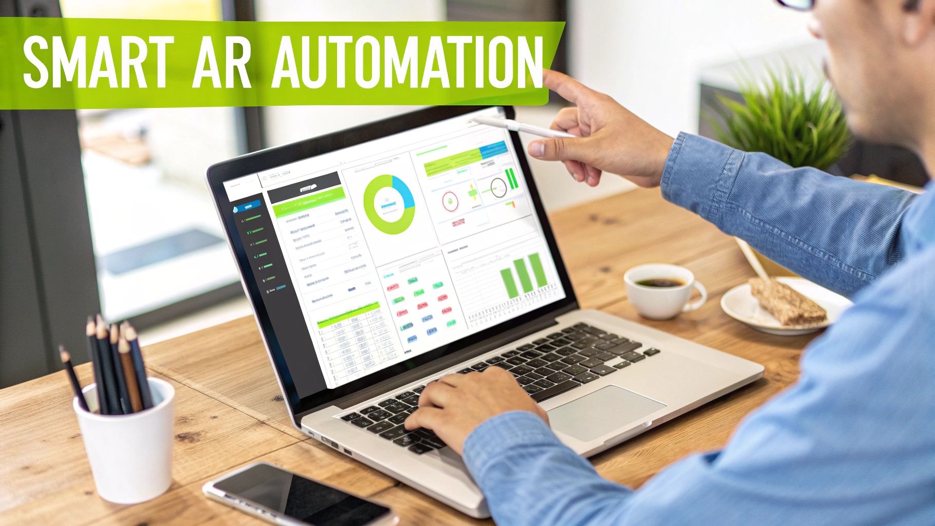 Man using a laptop with a 'Smart AR Automation' dashboard, coffee, and snack on a wooden desk.