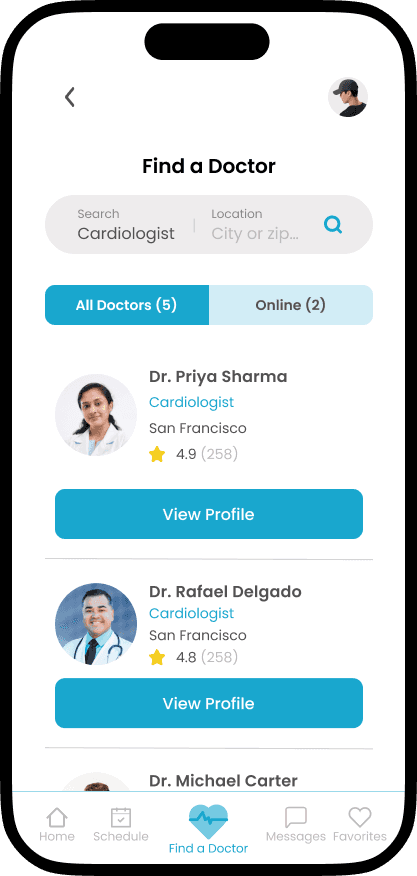 Search screen showing a list of doctors.