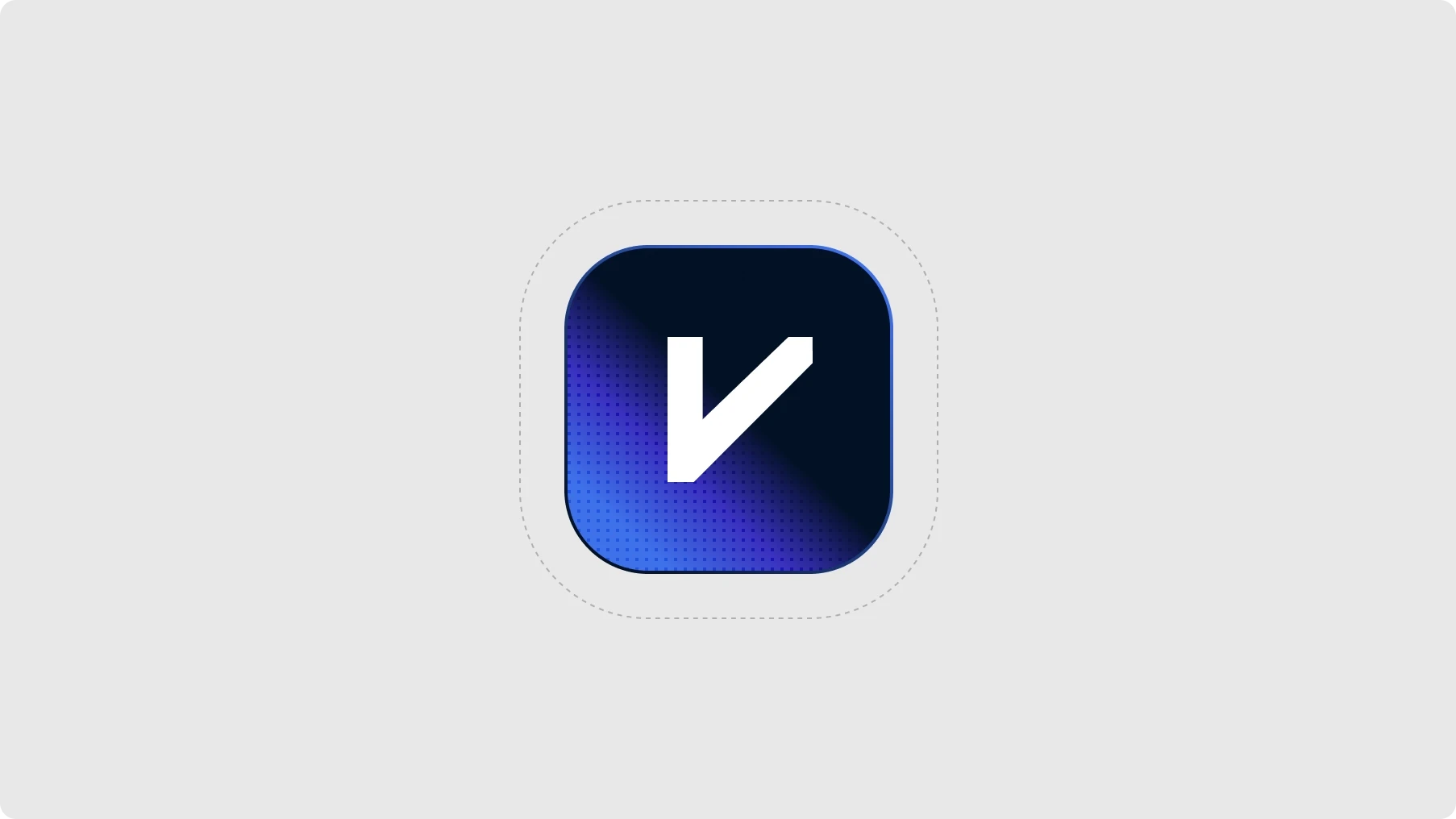 Rounded-square app icon with a dark navy-to-blue-purple gradient and a bold white angled checkmark-like symbol, conveying a sleek, modern tone.