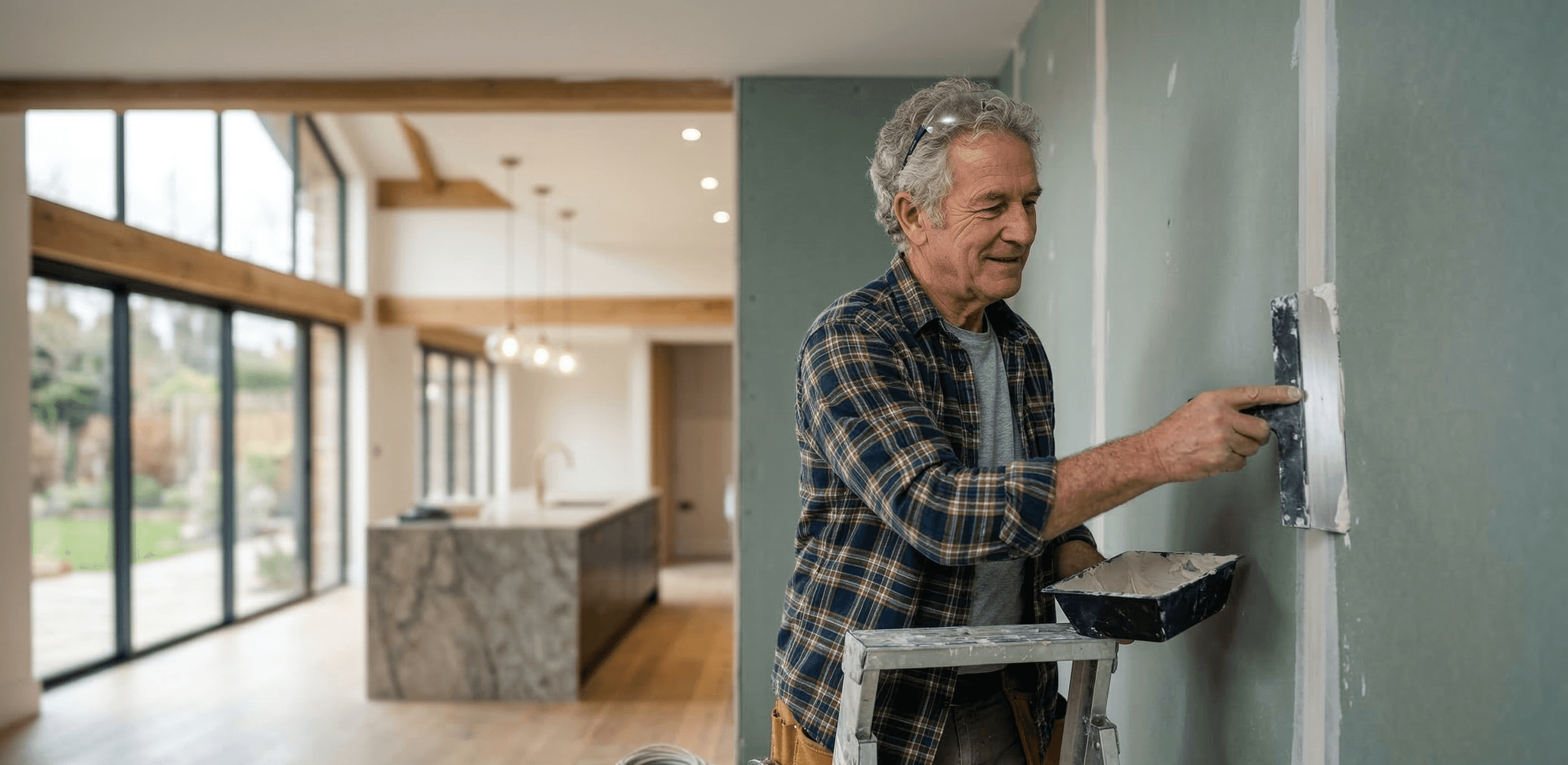 Older gentleman doing professtional drywall texturing in stylish home