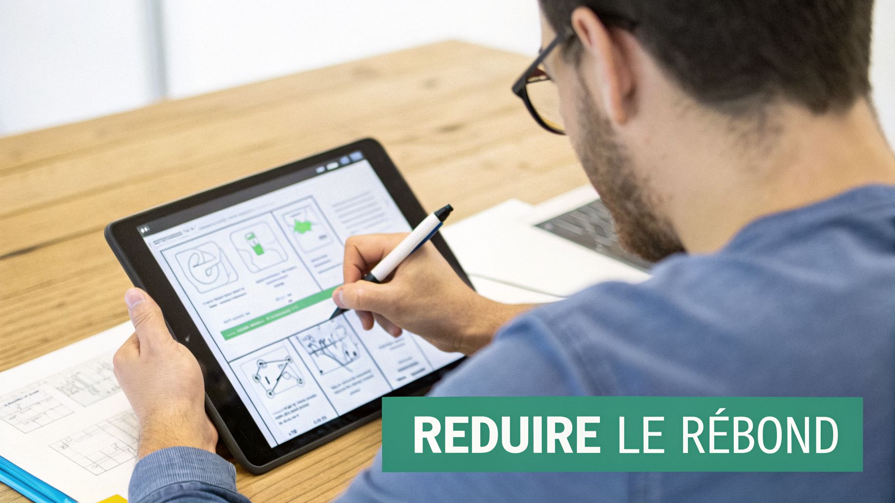 Un homme avec des lunettes utilise une tablette numérique avec un stylet pour dessiner des schémas techniques sur une table en bois.