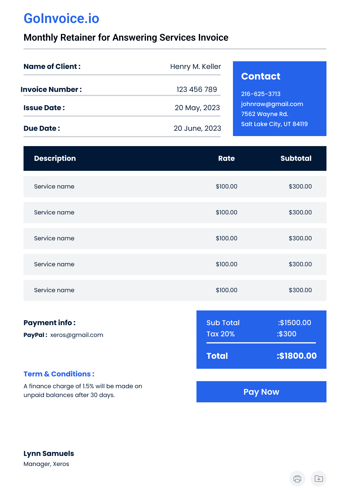 Monthly Retainer for Answering Services Invoice 