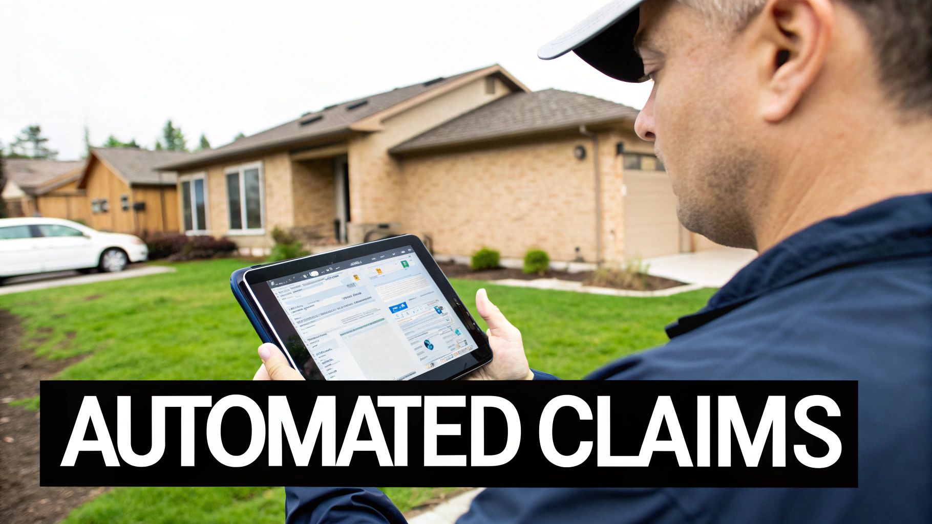 Man viewing automated claims software on a tablet outside a house, symbolizing efficient processing.