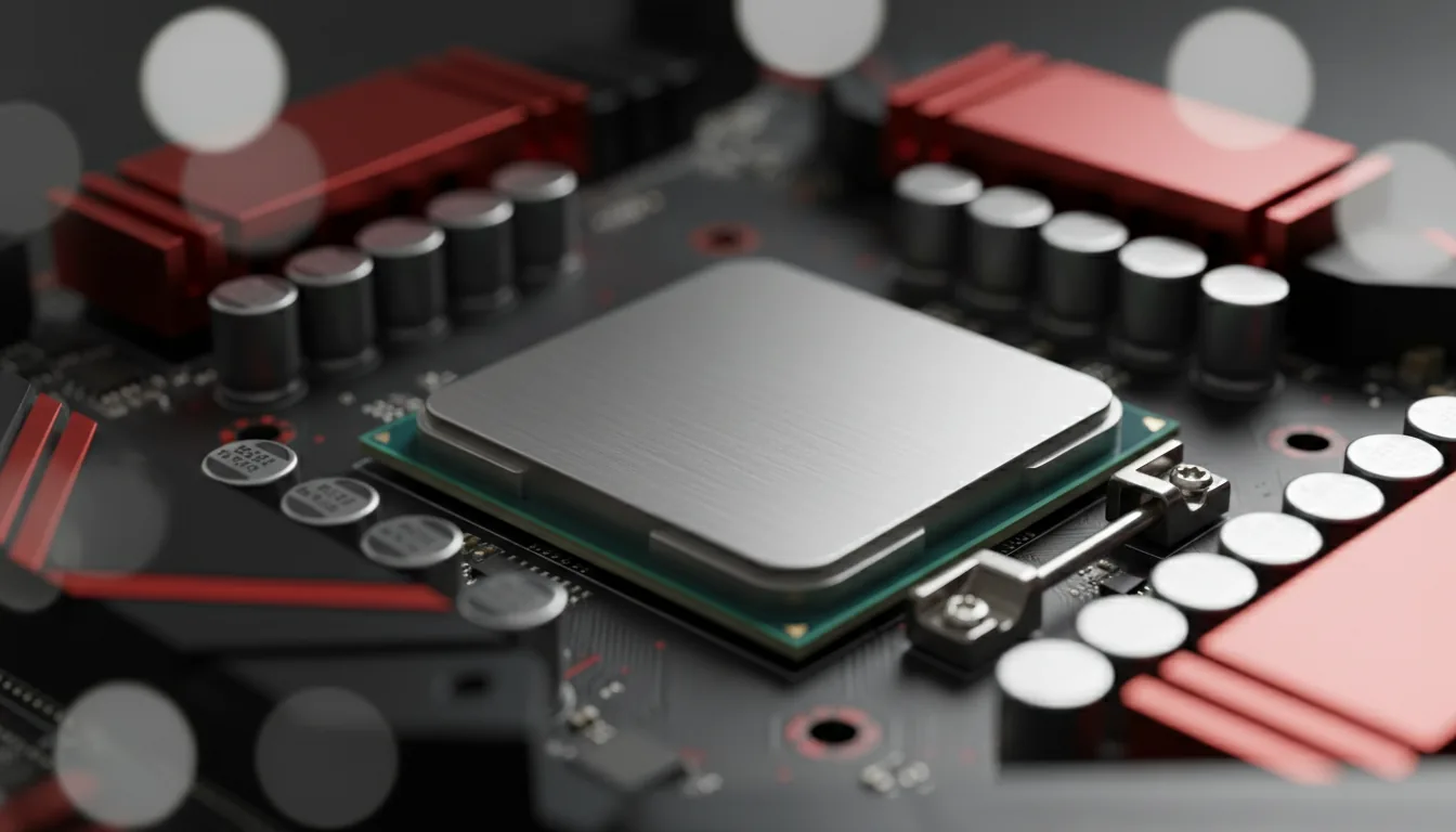 Macro DSLR photograph of a computer CPU installed on a black and red motherboard, angled perspective. Soft studio lighting creates subtle highlights on the brushed metal surface of the processor and the matte black PCB. Extreme shallow depth of field with the CPU in sharp focus, while the surrounding capacitors and red heatsinks are beautifully blurred into a soft bokeh background.
