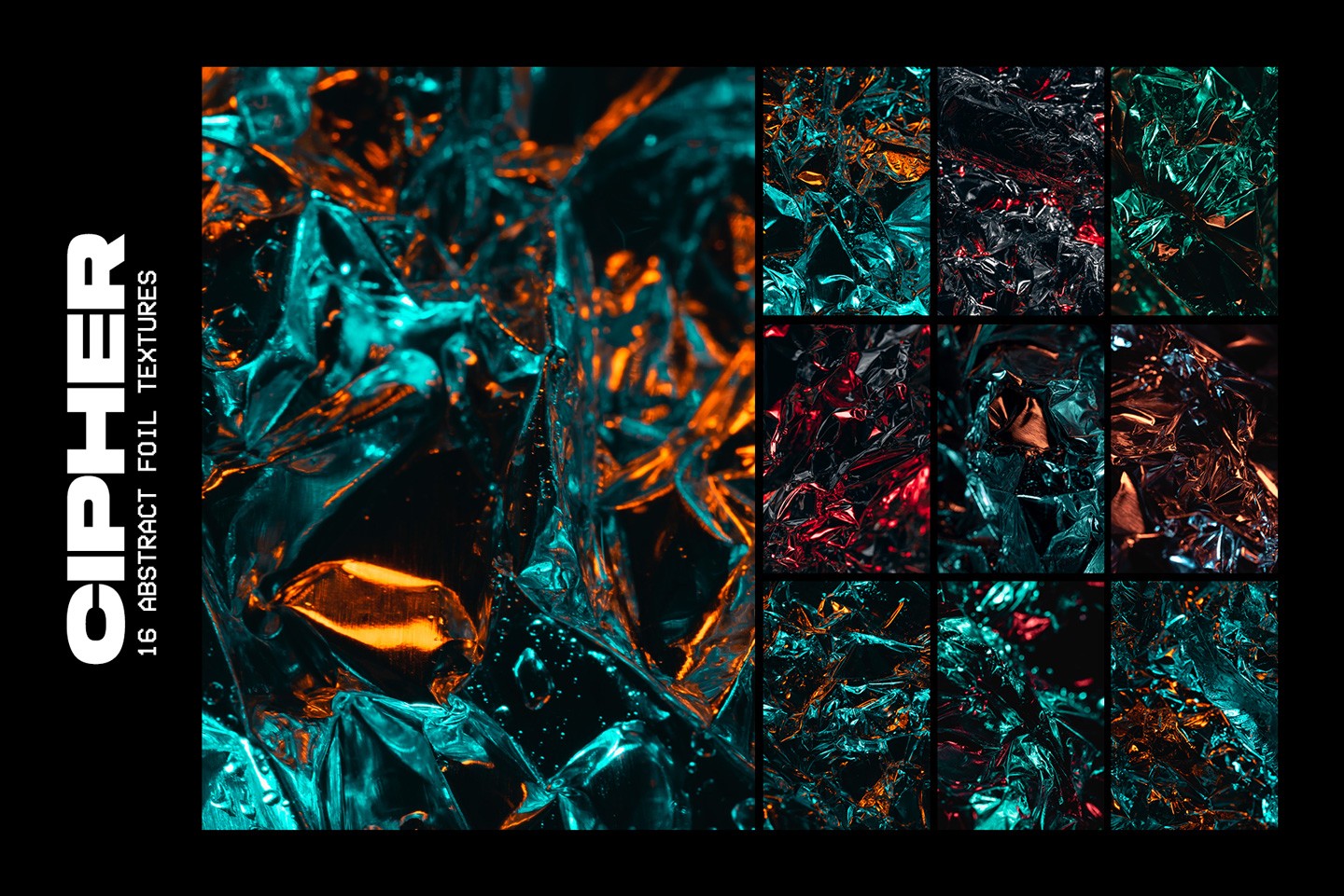 Sixteen abstract foil textures with vibrant teal and orange lighting on crushed metallic surfaces
