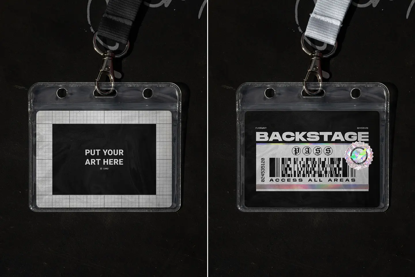 Backstage pass mockup showing VIP tour pass design with barcode and holographic sticker