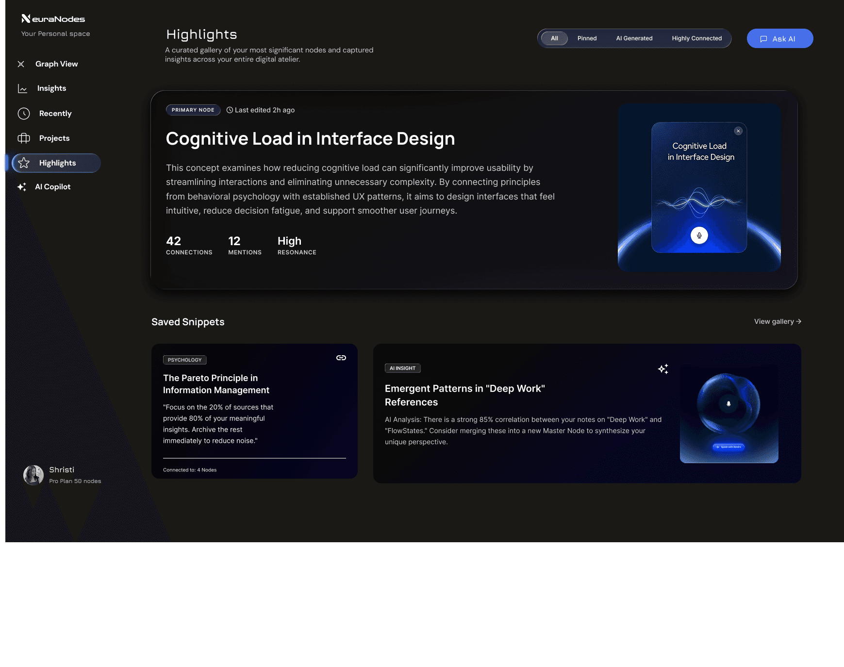 A focused content space for insights and learning. Designed to reduce cognitive load, it presents information in a structured, digestible format encouraging exploration without distraction.