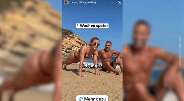 Frau am Strand, macht Liegestützen. Mann sieht zu.