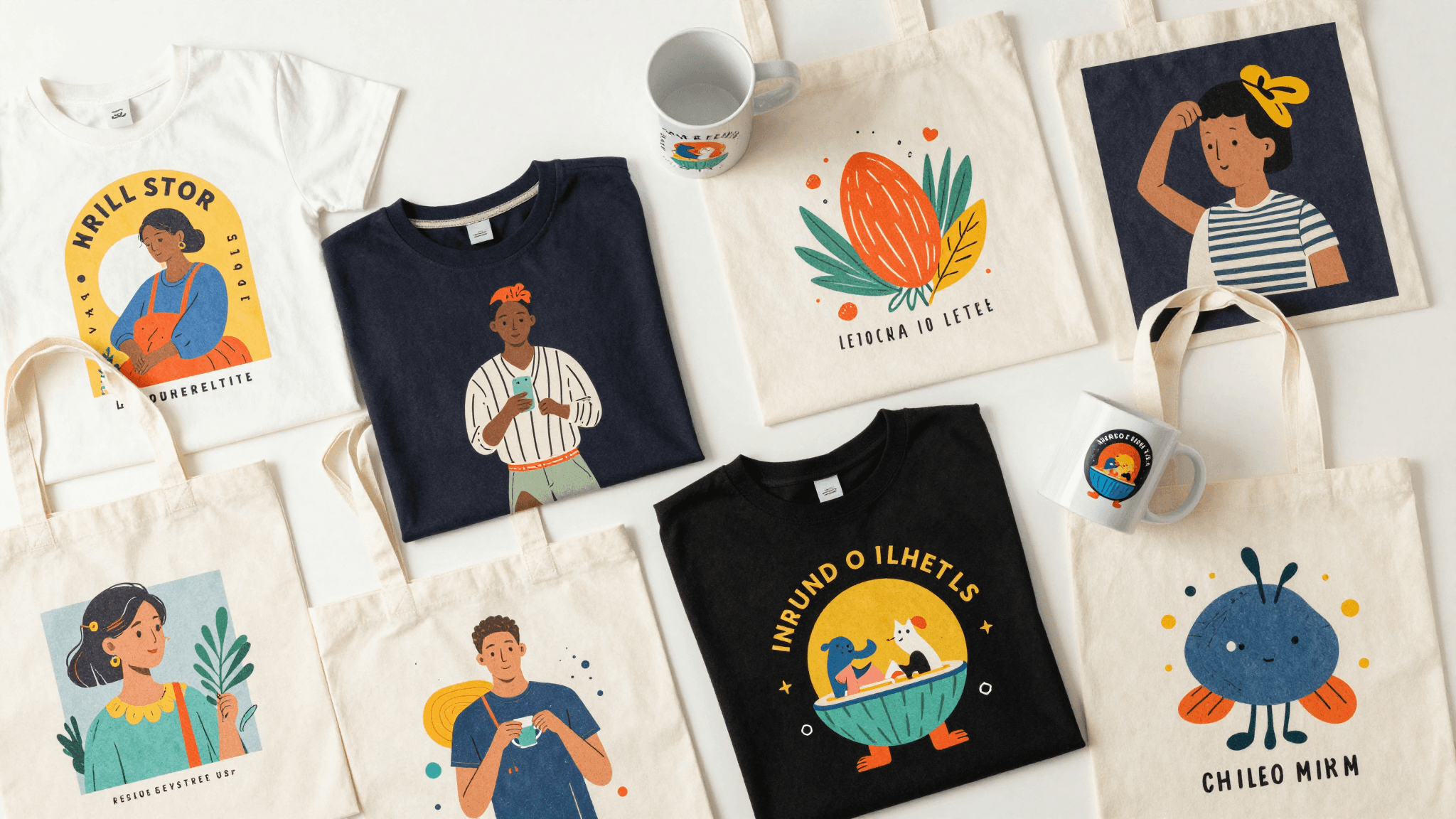 Print on demand product variety including t-shirts mugs and tote bags