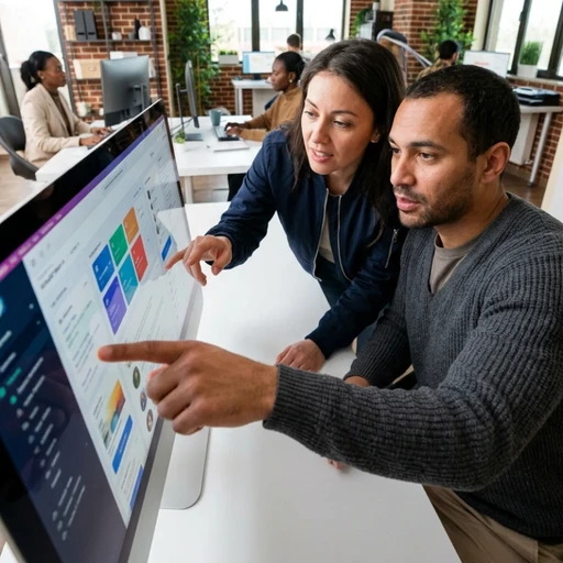 Équipe de professionnels en agence à Paris collaborant autour d'un poste de travail pour analyser des parcours utilisateurs et des interfaces numériques sur plusieurs écrans haute résolution, illustrant notre expertise en Stratégie de comm 360° pour porter vos services en élaboration de stratégie digitale.