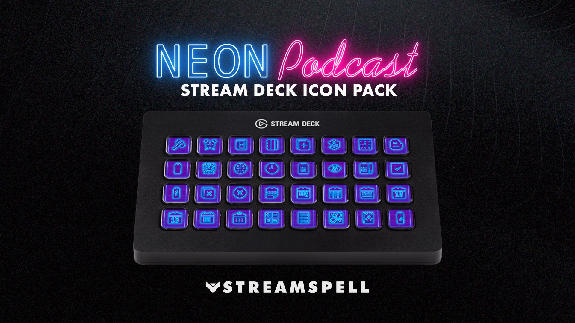Neon Podcast Stream Deck Icons in glowing purple and pink displayed on Stream Deck MK2, XL and Mini