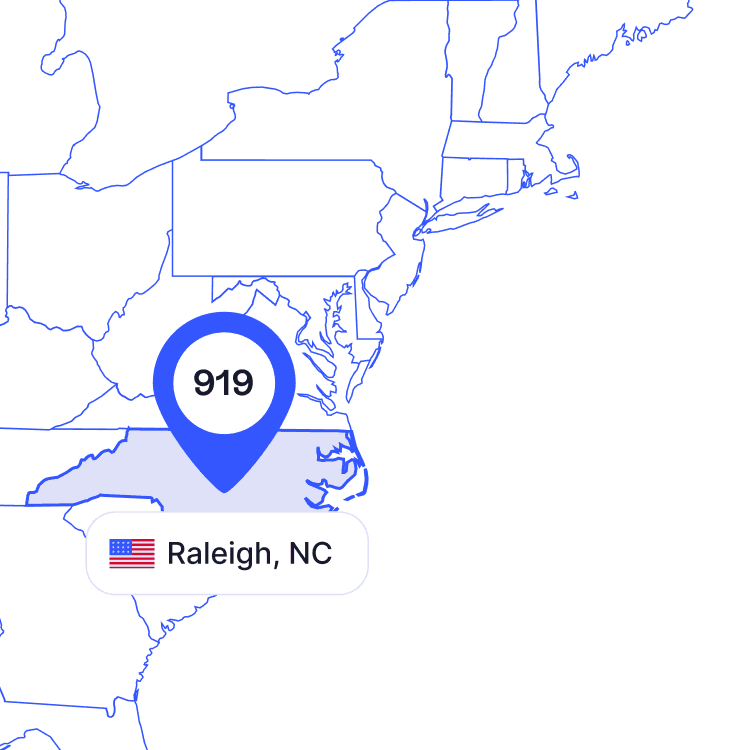 US map of 919 area code phone numbers and its coverage region