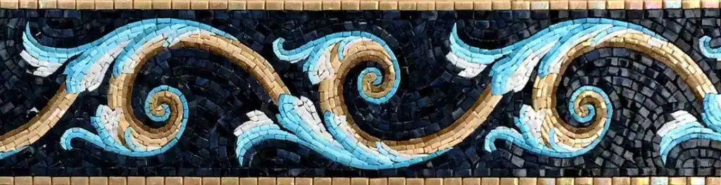 Gold Wave Scroll mosaic border, Gold and turquoise on black, hand-cut — reference H-07, Mosaiclegs Art Studio
