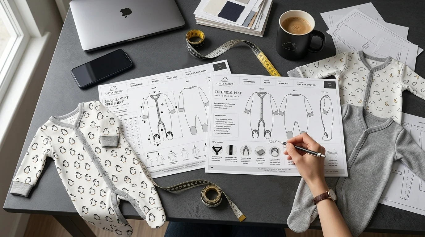 Professional baby clothing design workflow featuring tech packs, garment measurements, fabric selection, and infant onesie product development.