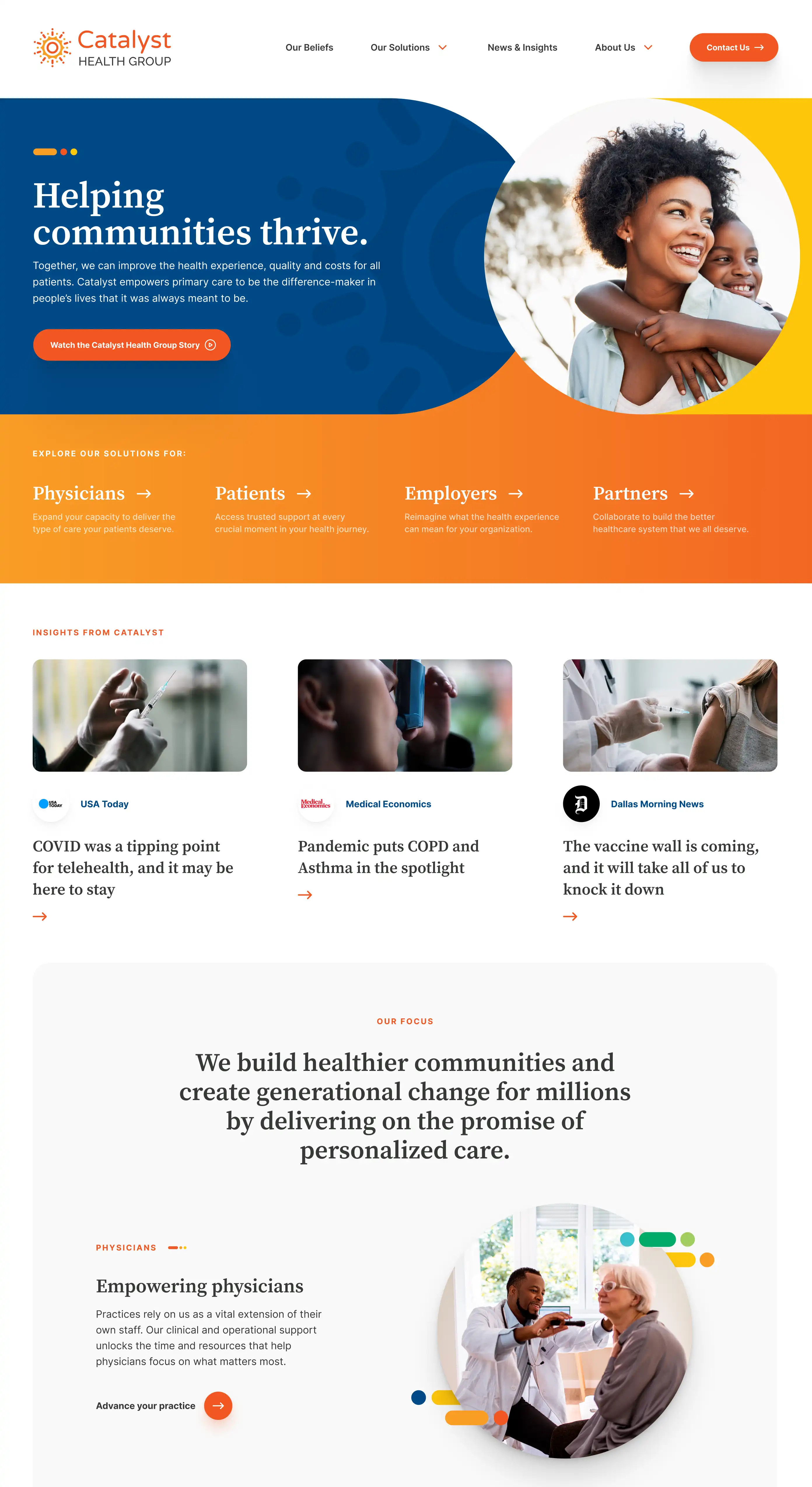Catalyst Health Group homepage design — hero section with community-focused messaging and solutions navigation