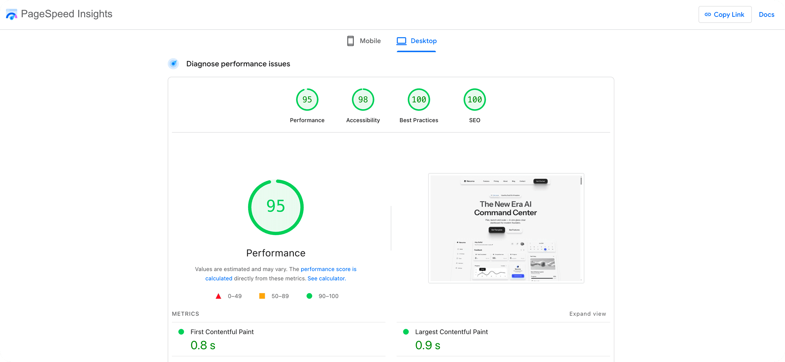 Google PageSpeed Insights report for a Luna UI Framer site showing perfect 100/100 scores in SEO, Best Practices, and Accessibility, confirming top-tier performance for SaaS startups.