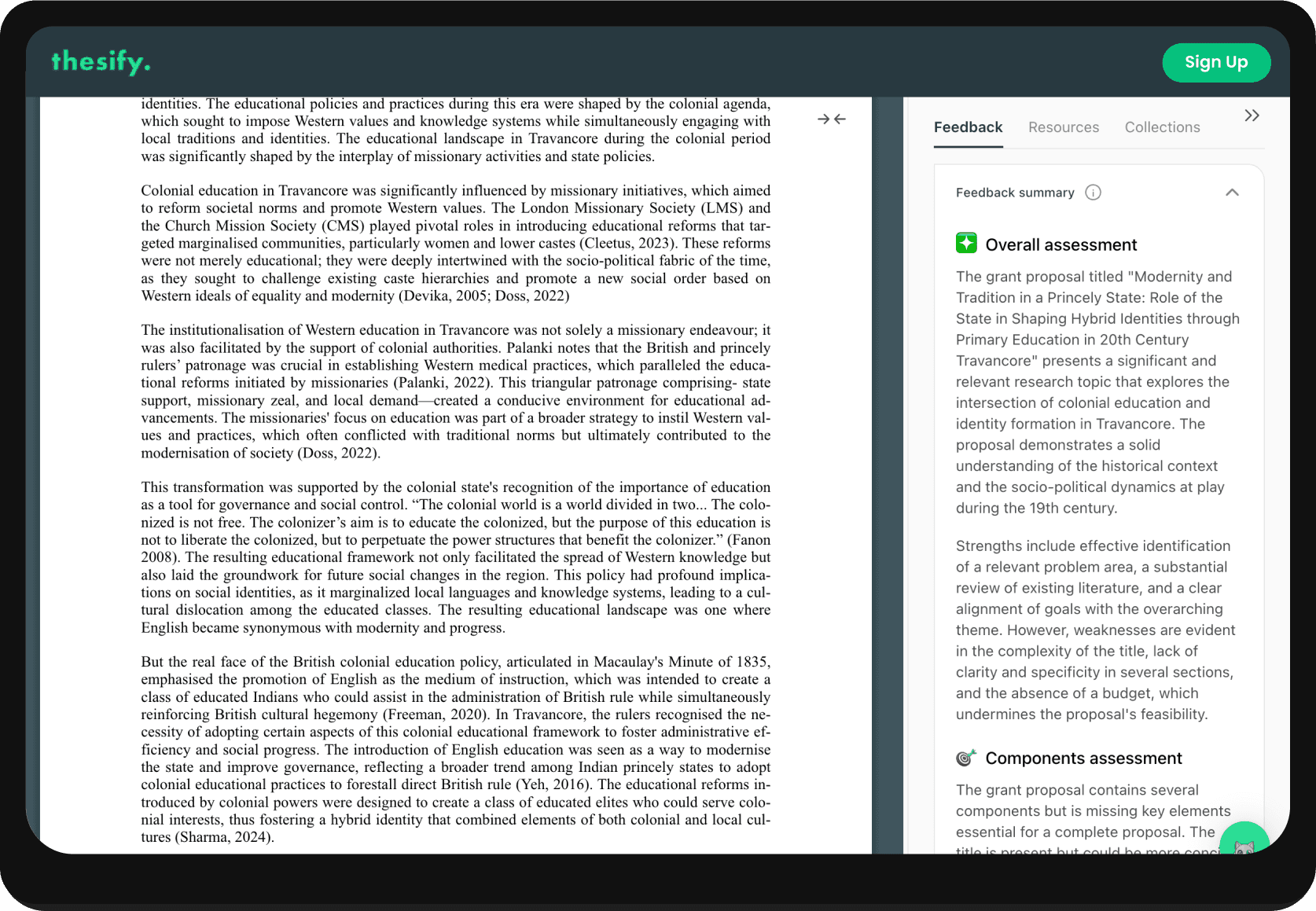 screenshot of thesify's feedback summary