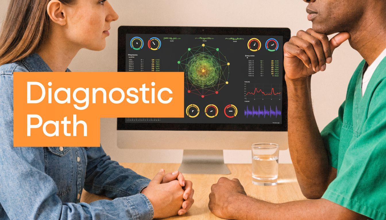 A doctor and a patient discussing health data results on a computer screen in a clinical setting.