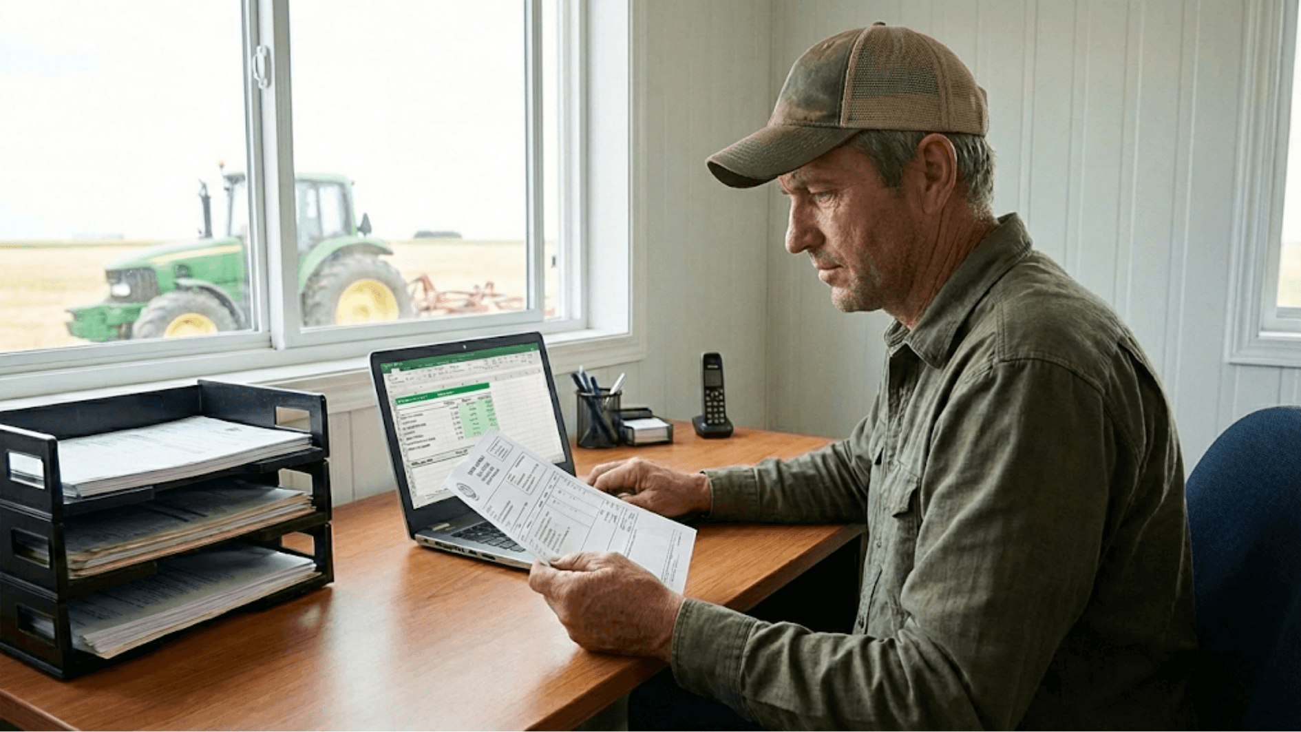 Produtor rural em escritório da fazenda conferindo extratos e comprovantes para conciliação bancária rural, comparando lançamentos financeiros com sistema de gestão no computador, garantindo controle de entradas, saídas e saldo da atividade agropecuária.