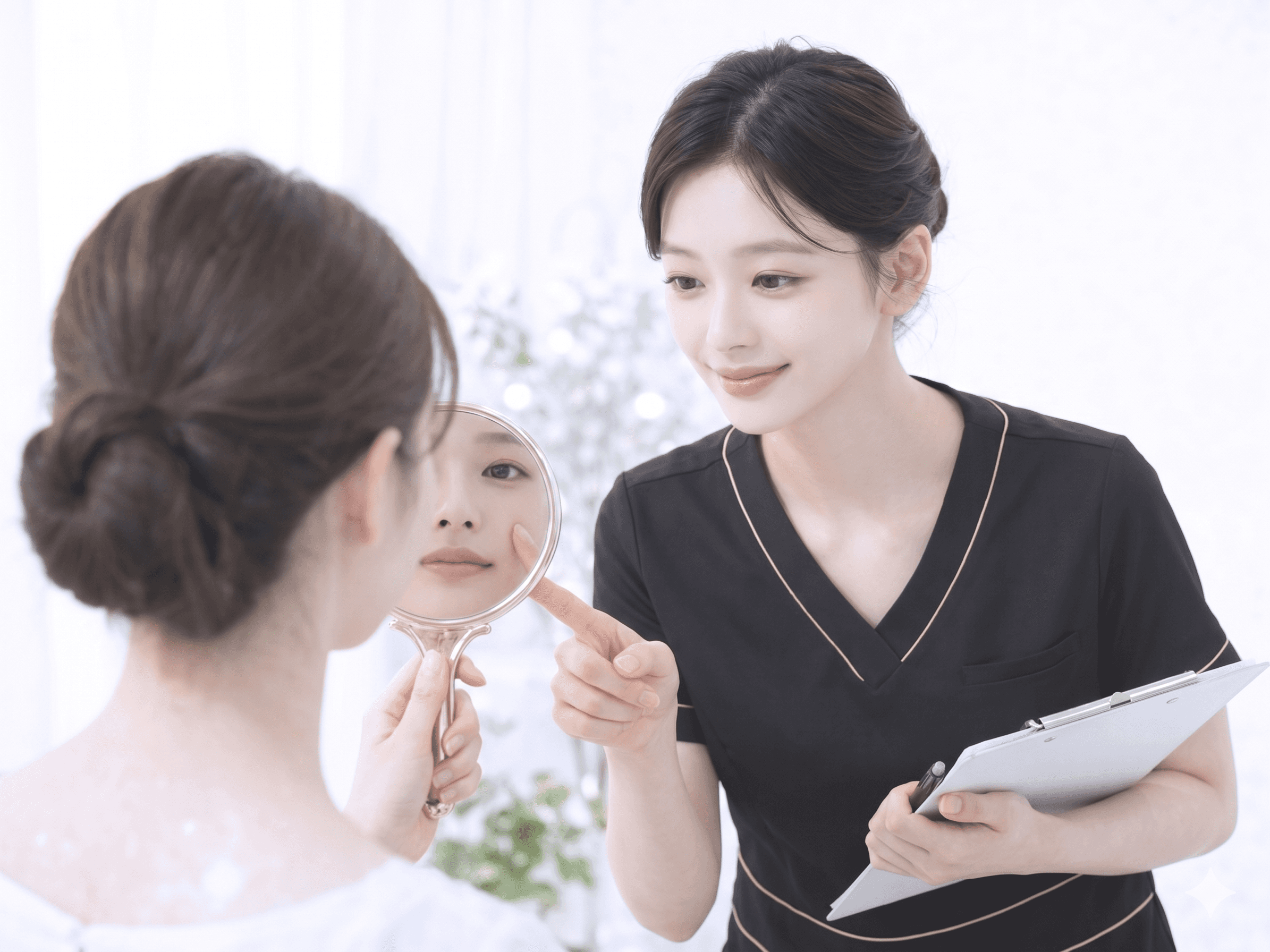 手鏡を持つお客様と一緒に、肌の状態を見ながらスキンケアのアドバイスを行うエステティシャン