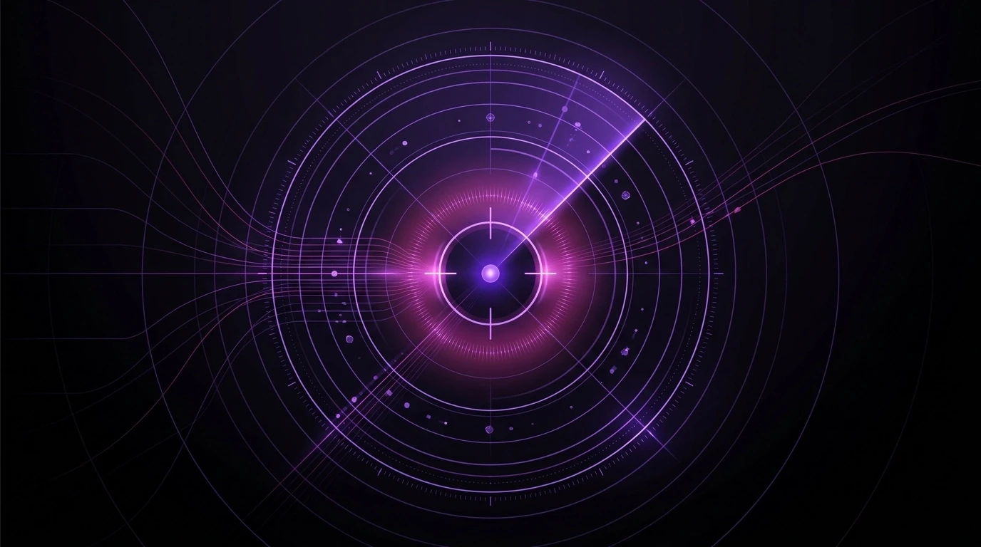 Cinematic, high-end agency-style digital illustration of precision Google Ads targeting with a sleek radar system, thin luminous violet lines, subtle magenta glow, and a deep black luxury background.