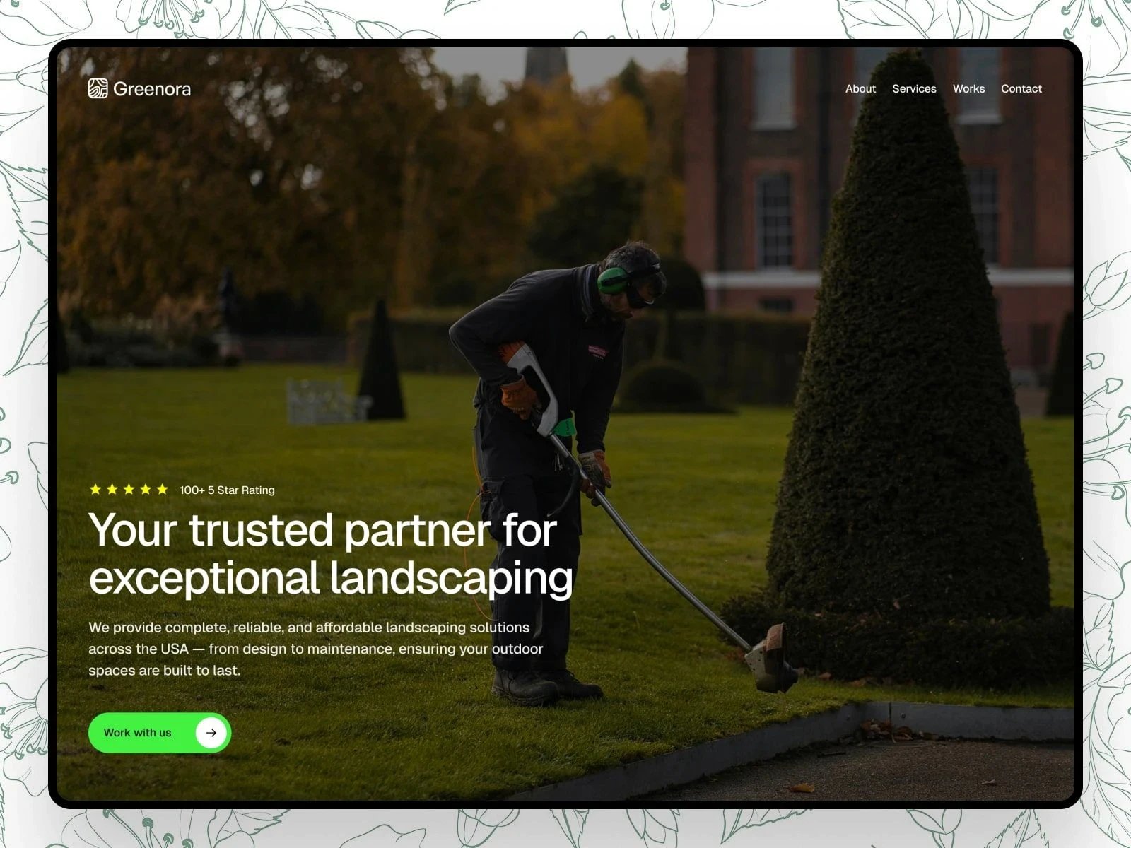 Greenora eco-friendly landscaping template with hero image of gardener, five-star rating, and work with us CTA.