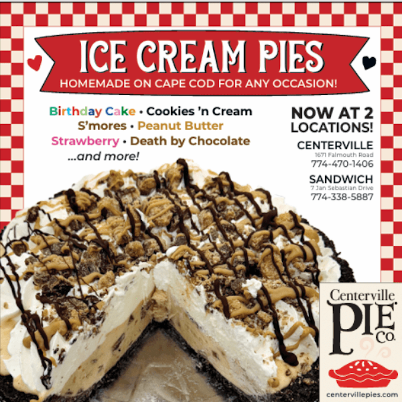 Centerville Pie Co. ice cream pie topped with chocolate drizzle, highlighting new frozen dessert collection flavors.