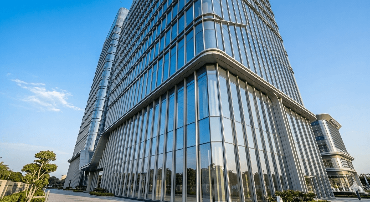Low-angle shot of a reflective glass commercial tower with modern steel architecture in Sector 108 Gurugram