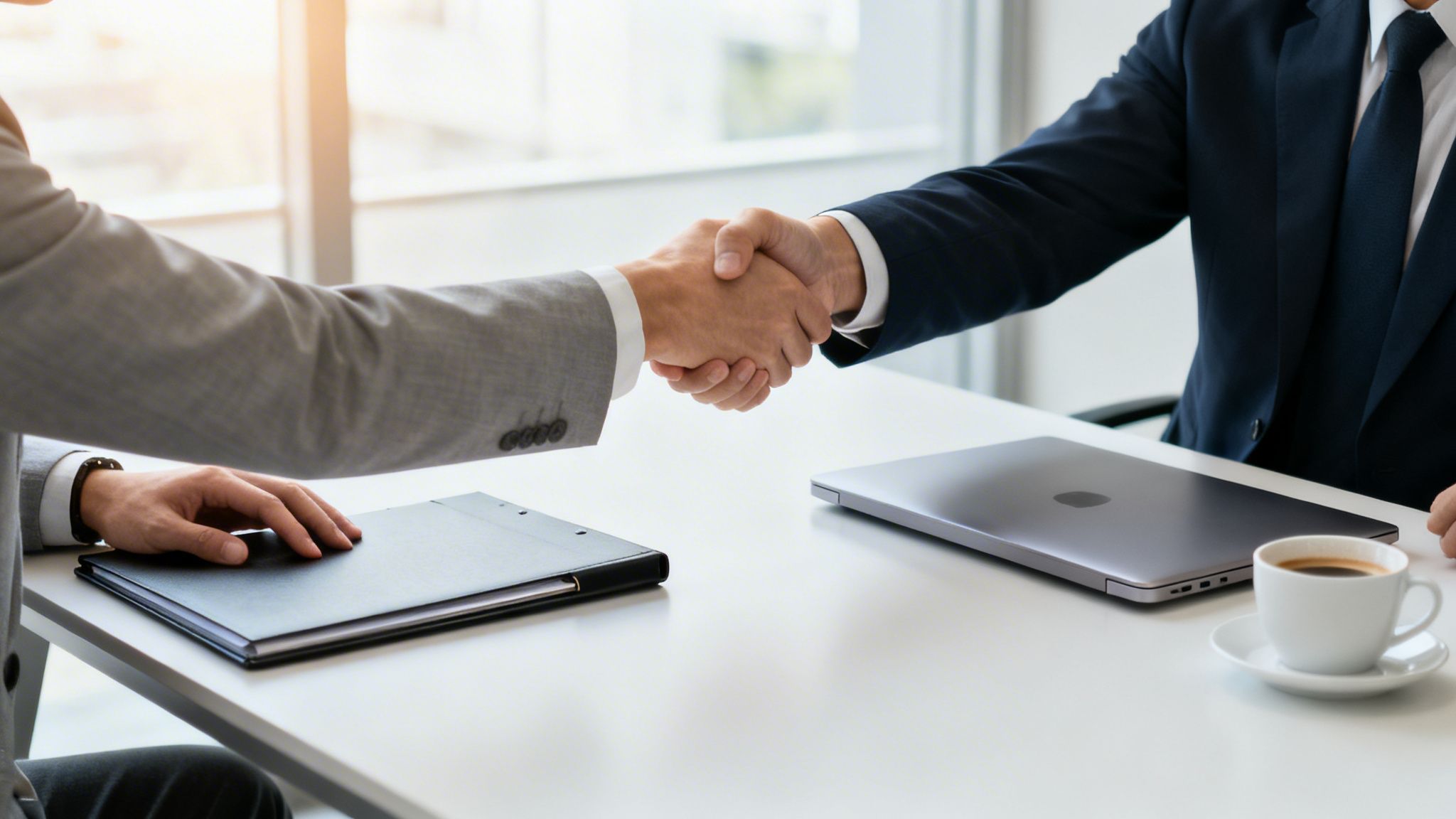 Två affärsmän i kostymer skakar hand vid ett skrivbord med en laptop och kaffe.
