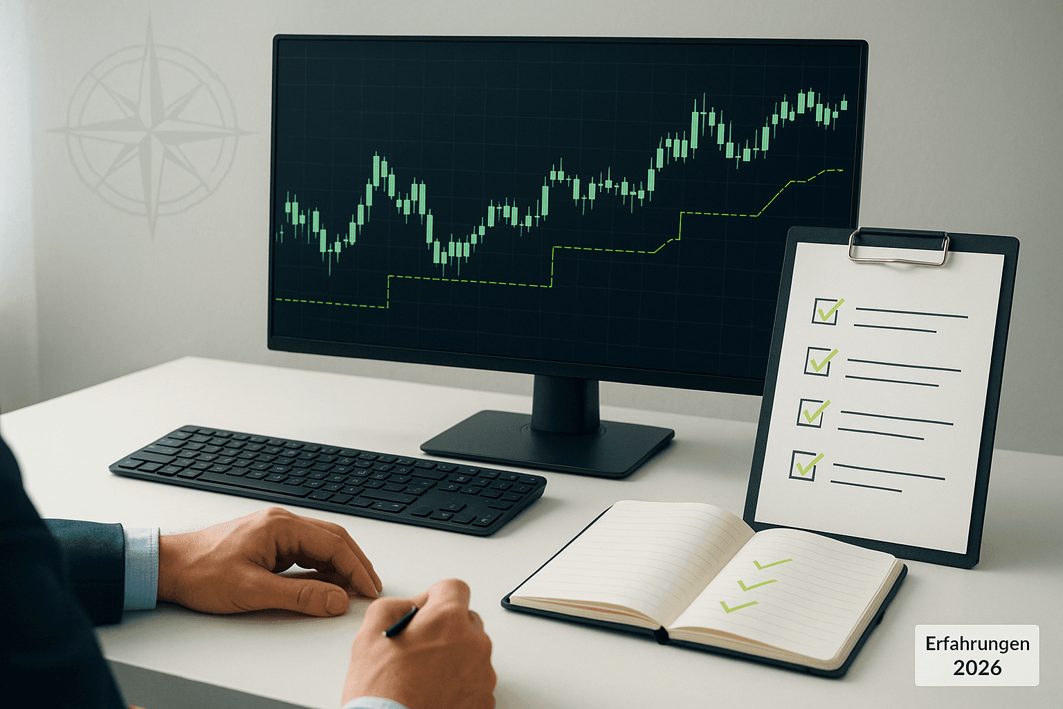 Professioneller Trader-Arbeitsplatz mit Charts und Checkliste – 5 magische Grundgesetze Erfahrungen 2026